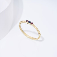25036-1 Three Gemstone Ring,Ruby and Sapphire Ring,14k Gold Beaded Ring,Slim Stackable Ring,7th Anniversary Gift