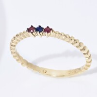 25036-3 Three Gemstone Ring,Ruby and Sapphire Ring,14k Gold Beaded Ring,Slim Stackable Ring,7th Anniversary Gift