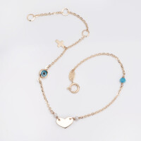 1084-1 Multi Charm Bracelet,Solid 14k Gold Bracelet,Evil Eye,Hanging Tiny Cross,Heart,Pearl,Turquoise,21st Birthday Gift for Her