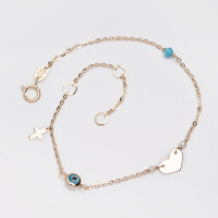 1084-2 Multi Charm Bracelet,Solid 14k Gold Bracelet,Evil Eye,Hanging Tiny Cross,Heart,Pearl,Turquoise,21st Birthday Gift for Her