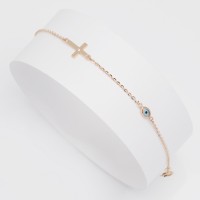 1135 2 Evil Eye and Side Cross Bracelet,Solid 14k Gold Bracelet,Lucky Charm Bracelet,Good Luck Bracelet,Dainty Diamond Bracelet