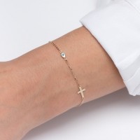 1135 3 Evil Eye and Side Cross Bracelet,Solid 14k Gold Bracelet,Lucky Charm Bracelet,Good Luck Bracelet,Dainty Diamond Bracelet