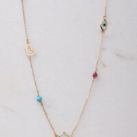 11424 2 Dainty multi charm necklace, Evil eye, Lucky clover, Heart, Tourmaline Pearl and Turquoise, Good omens charm, Step mom gift